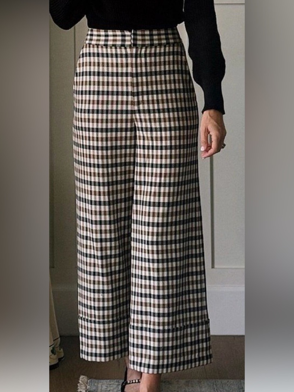 ANTONIO MELANI Beige Black Brown Plaid Wide-Leg Trousers